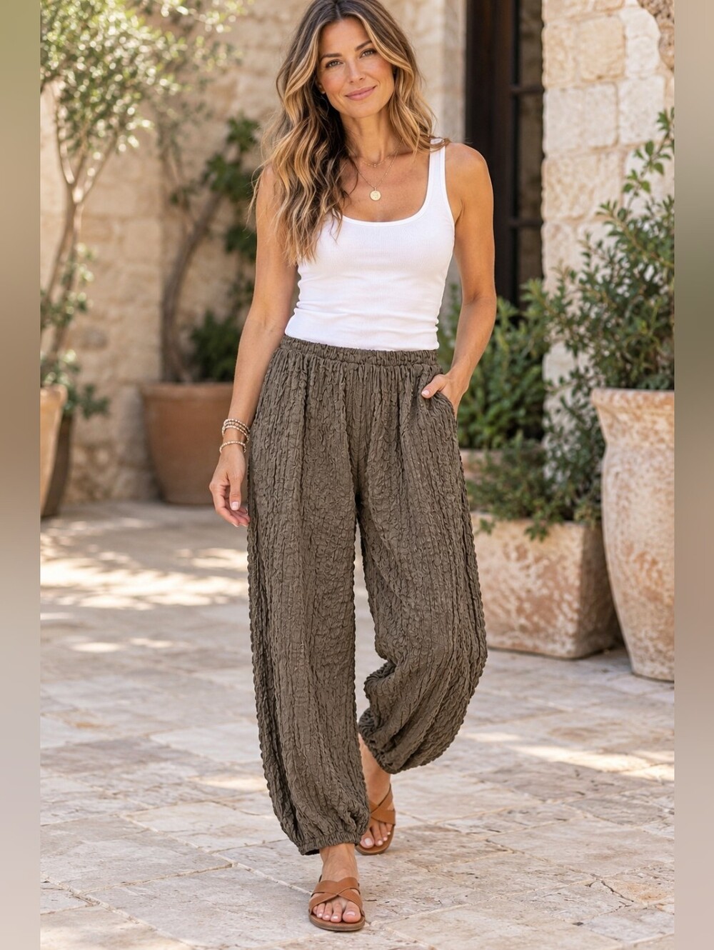 NWT ZARA Pants Women Elastic Waist Hi-Rise Crinkle Texture Balloon Olive Grey M